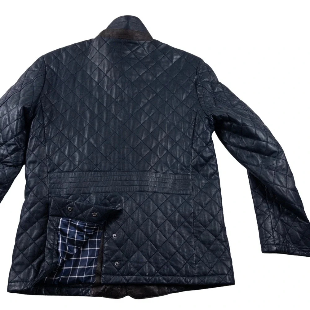 Henig Furs‎ Quilted Leather Jacket Mens XXL Navy Blue Brown Germany Moto Preppy
